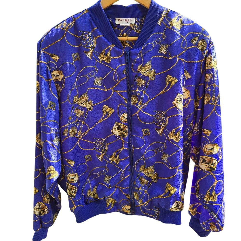 Papell Too Womens Vintage 90s Maximalist Baroque Satin Bomber Jacket M Blue Gold